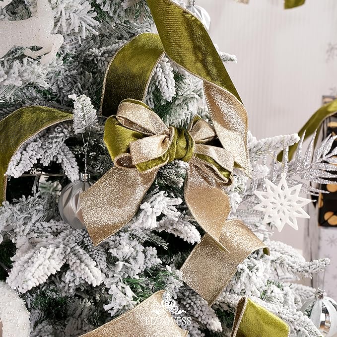 Moss Velvet Wired Ribbon with Glitter Back 2.5 Inch Green and Gold Christmas Ribbon Wired Olive Ribbon for Christmas Tree, Gift Wrapping, Crafts, Wreaths Supplies, Topper Bows (10 Yards)