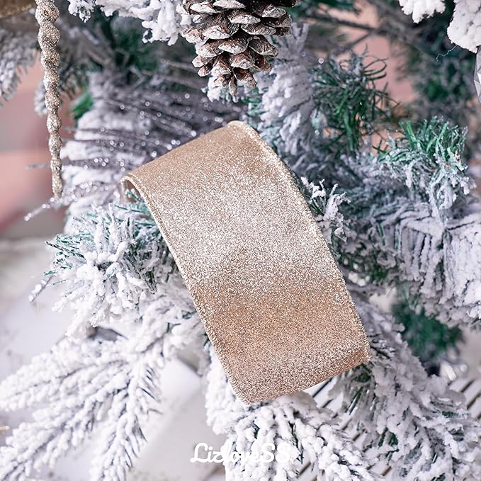 Champagne Velvet Wired Ribbon with Glitter Back 2.5 Inch Ivory and Gold Christmas Wired Ribbon for Christmas Tree Decorations, Gift Wrapping, Mantel, Wreaths Supplies, Topper Bows (10 Yards)