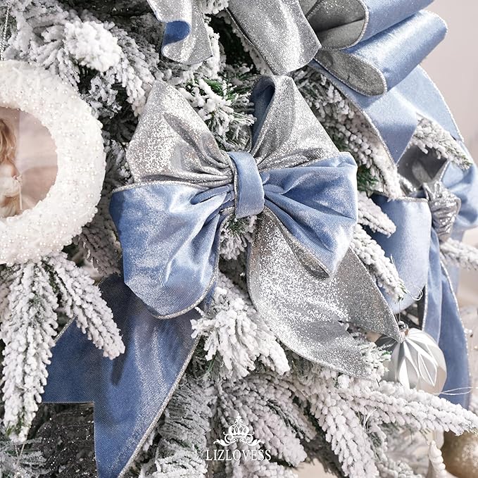 Dusty Blue Velvet Wired Ribbon with Glitter Back 4 Inch Blue and Silver Christmas Ribbon Wired Ribbon for Christmas Tree, Gift Wrapping, Mantel, Wreaths Supplies, Topper Bows (10 Yards)