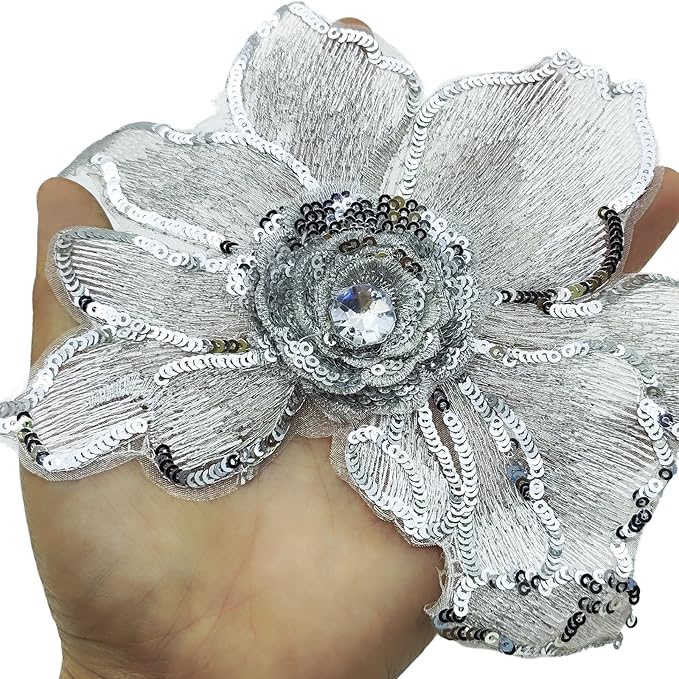 2 PC 3D White Sequin Lace Trim Rhinestones Applique Patches for Wedding Bridal Dress Decoration DIY Sewing Clothing Decoration, 7 x 5.9 Inch