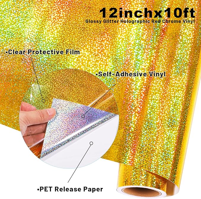 GIRAFVINYL Holographic Gold Glitter Vinyl - 12" x10ft for DIY Crafts, Signs, Home and Car Decal