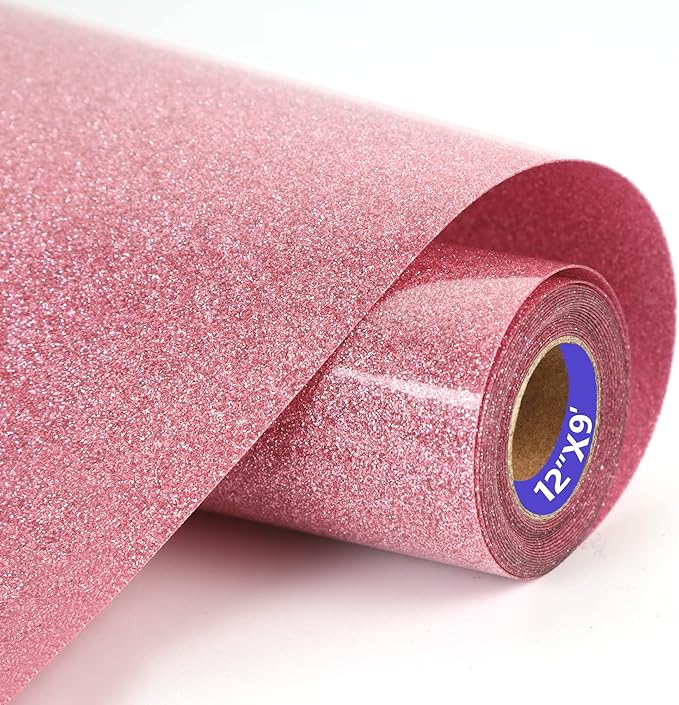 Pink Glitter HTV Heat Transfer Vinyl Rolls12inch by 9feet PU Stretch Iron on Vinyl HTV Vinyl for T-Shirt for Silhouette and Cameo (9Ft, Z1-Glitter Pink)
