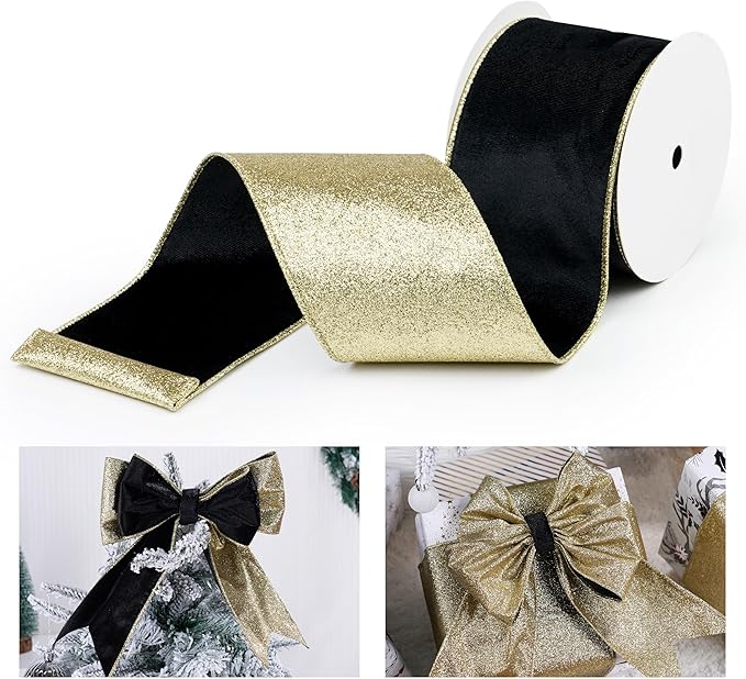 Black Velvet Wired Ribbon with Glitter Back 4 Inch Black and Gold Christmas Ribbon Wired Ribbon for Christmas Tree, Gift Wrapping, Mantel, Wreaths Supplies, Topper Bows (10 Yards)
