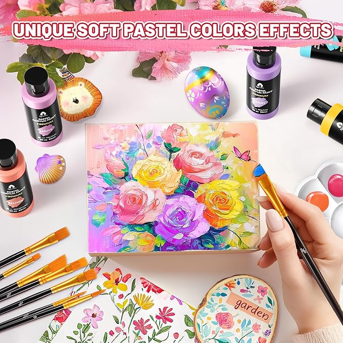 52 Pcs Pastel Acrylic Paint Set with 12 Brushes, 2 Knives & Palette, 36 Colors (2oz/60ml) - for Adults, Kids, Artists & Beginners - Canvas Ceramic Rock Wood Egg Painting Kit