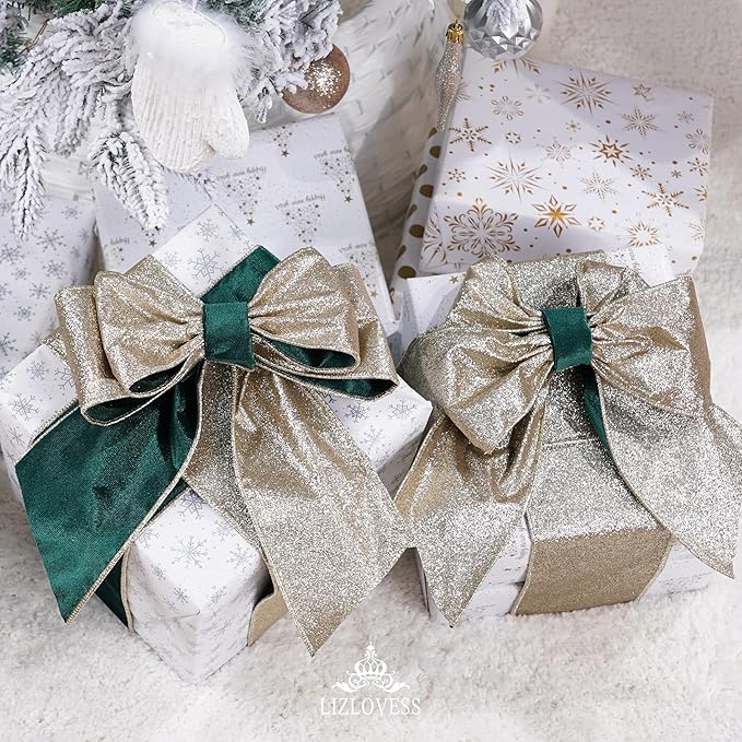 Green Velvet Wired Ribbon with Glitter Back 4 Inch Dark Green and Gold Christmas Ribbon Wired Ribbon for Christmas Tree, Gift Wrapping, Crafts, Wreaths Supplies, Topper Bows (10 Yards)