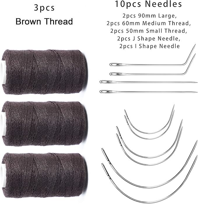 Ryalan Weaving Needle Combo: 10pcs Needle Set (C Shape, J I) & 3 Threads for Wig Sewing & Hair Weft Extension