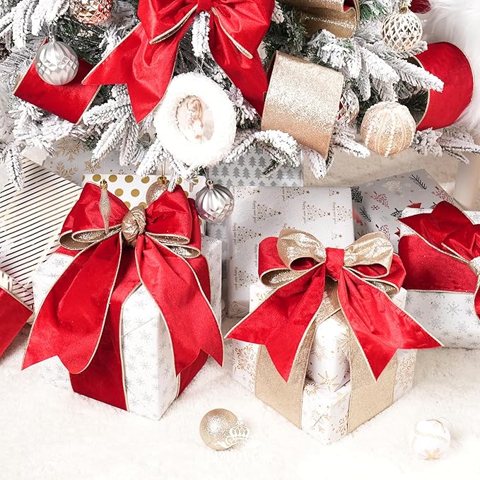 Red Velvet Wired Ribbon with Glitter Back 4 Inch Red and Gold Christmas Ribbon Wired Ribbon for Christmas Tree, Gift Wrapping, Mantel, Wreaths Supplies, Topper Bows (10 Yards)