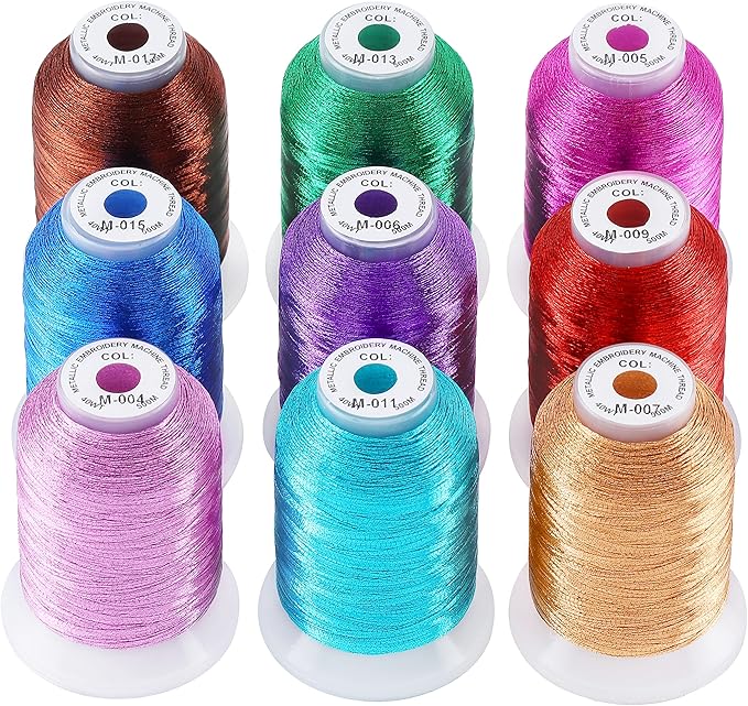New brothread 9 Shiny Colors Metallic Embroidery Machine Thread Kit 500M (550Y) Each Spool for Computerized Embroidery and Decorative Sewing - Assortment 2