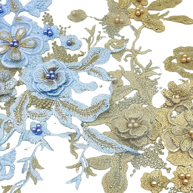 1 PC 3D Gold Lace Flowers Fabric Embroidered Applique Beads Trim Patches for Wedding Bridal Dress Decoration DIY Sewing Clothing Decoration, 13 x 10 Inch