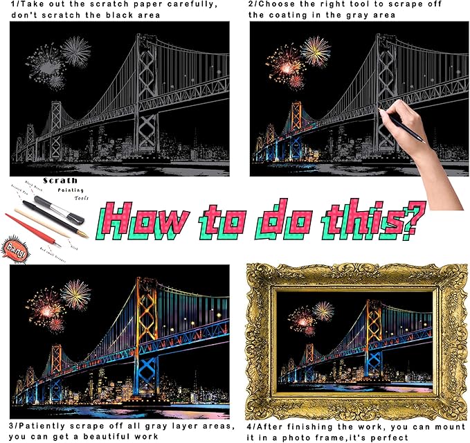 Scratch Painting Kits for Adults Rainbow Painting Art Paper, World Famous City DIY Night View Scratchboard for Adults with 4 Tools,Size 11.2''x16'' (Seattle)