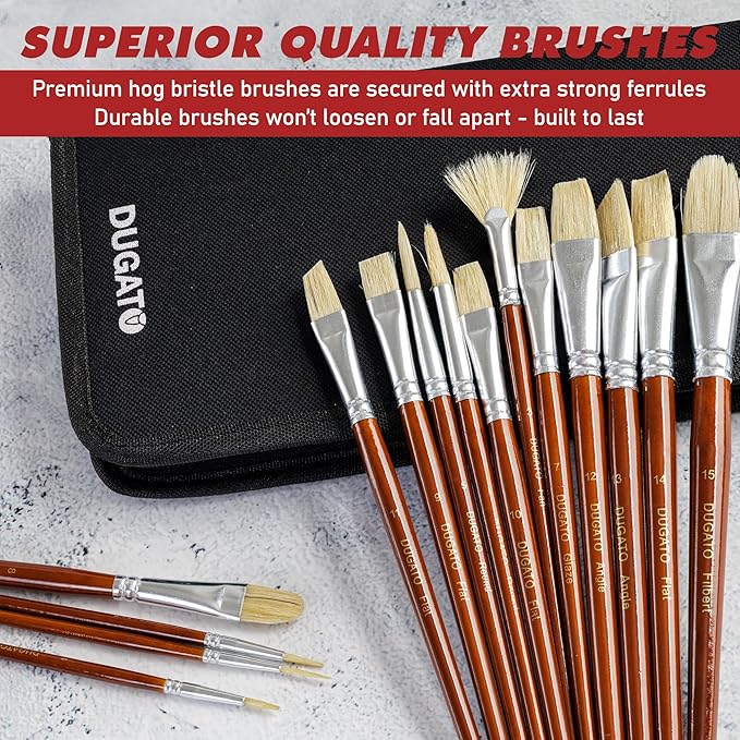 DUGATO Artist Paint Brush Set (15pc) - Short Handle Hog Bristle Brushes for Oil, Acrylic, Gouache, Watercolor - Includes Pop-Up Case, Palette Knife & Sponges - Professional Art Supplies