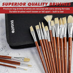 DUGATO Artist Paint Brush Set (15pc) - Short Handle Hog Bristle Brushes for Oil, Acrylic, Gouache, Watercolor - Includes Pop-Up Case, Palette Knife & Sponges - Professional Art Supplies