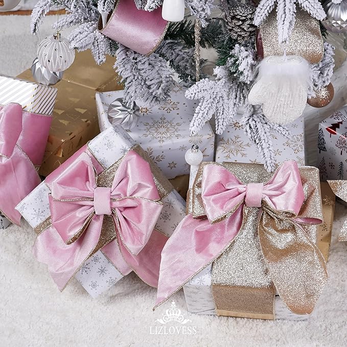 Pink Velvet Wired Ribbon With Glitter Back 4 Inch Gold Christmas Ribbon for Tree, Gift Wrapping, Mantel, Wreaths Supplies, Topper Bows (10 Yards)