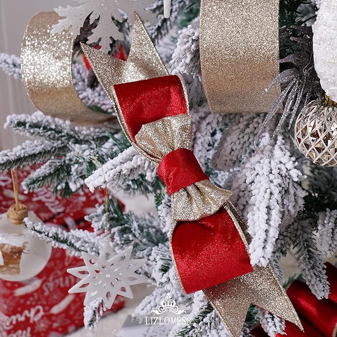 Red Velvet Wired Ribbon with Glitter Back 2.5 Inch Red and Gold Christmas Ribbon Wired Ribbon for Christmas Tree, Gift Wrapping, Mantel, Wreaths Supplies, Topper Bows (10 Yards)