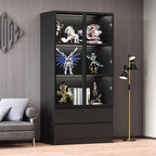 Wooden Display Cabinet with Glass Doors & 2 Drawers,LED Lights Glass Display Case,Showcase for Collections, Curio Cabinets, Bookcase and Glassdoor Display Cabinet(Black- 2 Drawers)