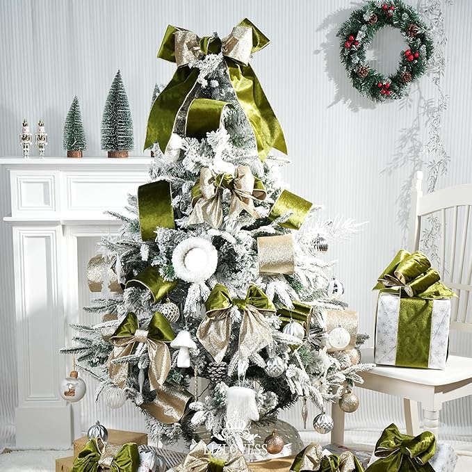 Moss Velvet Wired Ribbon with Glitter Back 4 Inch Green and Gold Christmas Ribbon Wired Olive Ribbon for Christmas Tree, Gift Wrapping, Crafts, Wreaths Supplies, Topper Bows (10 Yards)