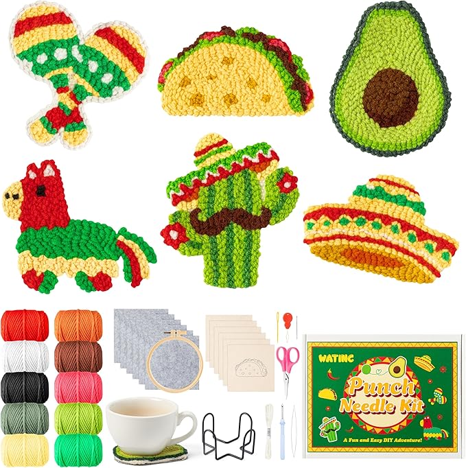 WATINC Christmas Punch Needle Coaster Kits - 23Pcs Easy Art Work Decor Craft Supply for Beginners, DIY Set of 6 Pattern Tufted Pads with Adhesive Felt Yarns Tools Coaster Holder Instruction (Green)