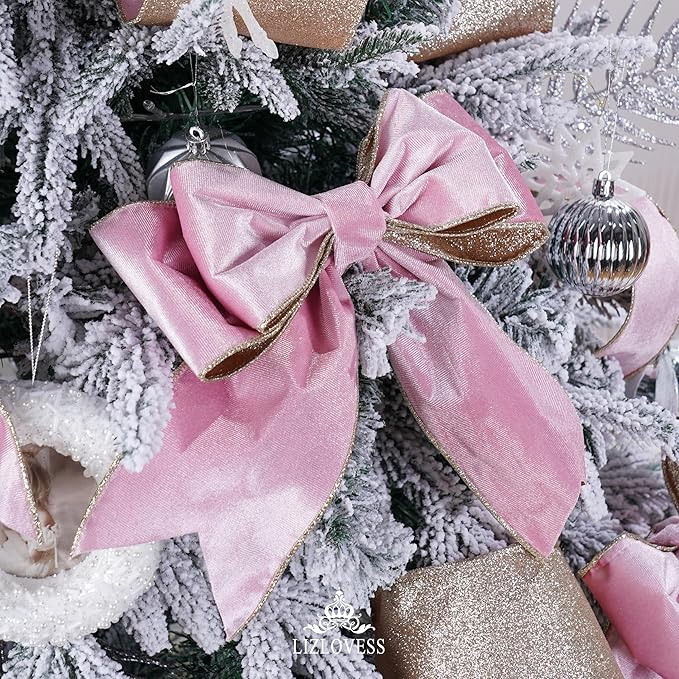 Pink Velvet Wired Ribbon With Glitter Back 4 Inch Gold Christmas Ribbon for Tree, Gift Wrapping, Mantel, Wreaths Supplies, Topper Bows (10 Yards)