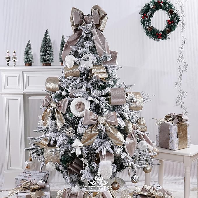 Taupe Velvet Wired Ribbon with Glitter Back 4 Inch Camel and Gold Christmas Ribbon Wired Taupe Ribbon for Christmas Tree, Gift Wrapping, Mantel, Wreaths Supplies, Topper Bows (10 Yards)