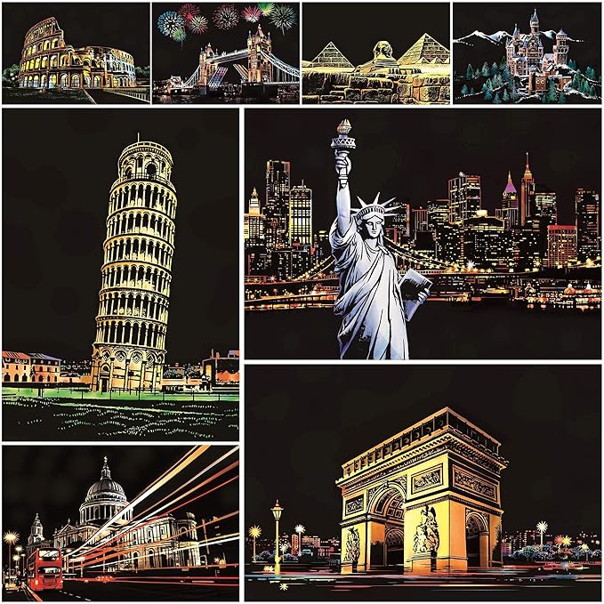 Scratch Rainbow Painting Art Postcards,Scratch & Sketch Art for Kids & Adults,Scratch Painting Creative Gift Engraving Art & Craft Set,Mini Envelope Postcard with 4 Tools,7.9''x5.5''(Classic Series)