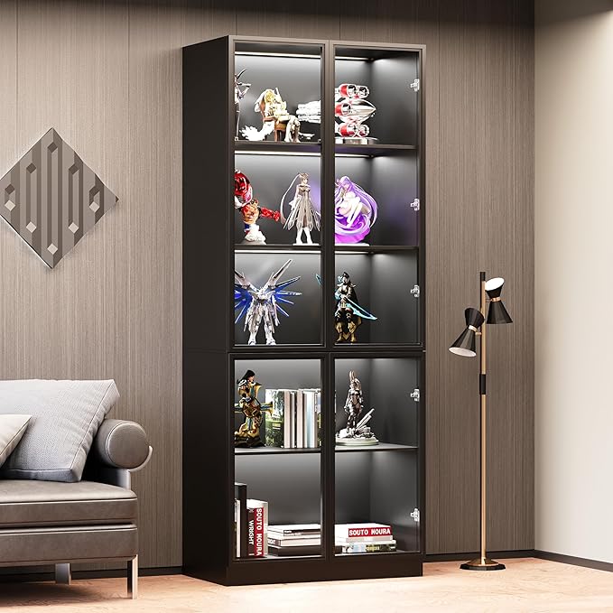Wooden Display Storage Cabinet with Glass Door, LED Lights,Showcase for Collections, Perfume, Vinyl Albums, Bookcase for Home Office, Living Room, Clinic, Pantry (5 Layers-Black)