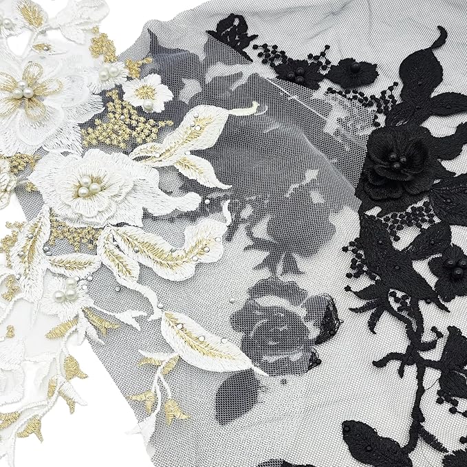 1 PC 3D White Lace Flowers Fabric Embroidered Applique Beads Trim Patches for Wedding Bridal Dress Decoration DIY Sewing Clothing Decoration, 13 x 10 Inch