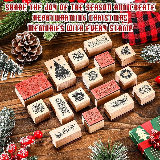 Marspark 22 Pcs Christmas Wooden Rubber Stamps and Craft Ink Pads Set Mixed Christmas DIY Cards Wooden Rubber Stamps for Party Scrapbooking Cards Making Supplies Gift Decor