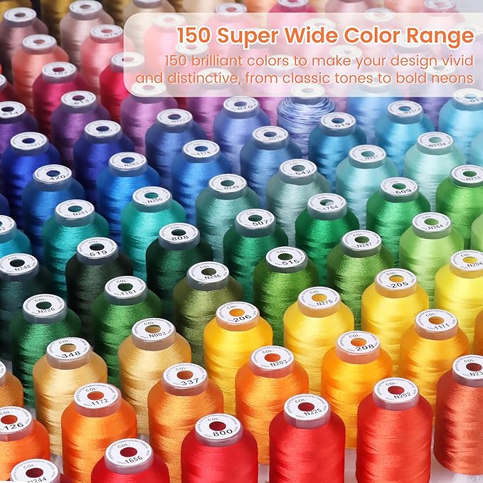 New brothread Mega Kit 150 Colors Compatible with Brother & Janome Polyester Embroidery Machine Thread 40WT 500M/550YD Compatible with Brother Babylock Janome Singer Pfaff Husqvarna Bernina Machines