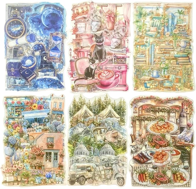 TIAMECH Holiday Outing PET Stickers - 180 Pcs Romantic Dinner Cat & Café Date Stargazing Tour Design, Waterproof Sticker for Journaling & Scrapbooking, Junk Journal Supplies, Ephemera & DIY Crafts