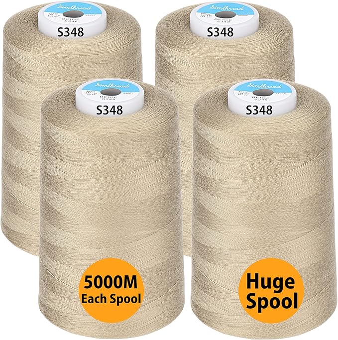 Simthread All Purpose Sewing Thread from 100% Spun Polyester for Serger, Overlock, Merrow, Quilting Sewing 4 Big Cones of 5000M (5500 Yards) Each - 40S/2 Beige