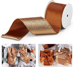 Copper Velvet Wired Ribbon with Glitter Back 4 Inch Copper Christmas Ribbon Wired Ribbon for Christmas Tree Decorations, Gift Wrapping, Crafts, Wreaths Supplies, Topper Bows (10 Yards)