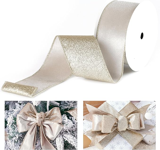 Champagne Velvet Wired Ribbon with Glitter Back 2.5 Inch Ivory and Gold Christmas Wired Ribbon for Christmas Tree Decorations, Gift Wrapping, Mantel, Wreaths Supplies, Topper Bows (10 Yards)