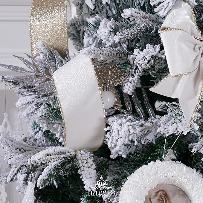 White Velvet Wired Ribbon with Glitter Back 2.5 Inch White and Gold Christmas Ribbon Wired Ribbon for Christmas Tree, Gift Wrapping, Mantel, Wreaths Supplies, Topper Bows (10 Yards)