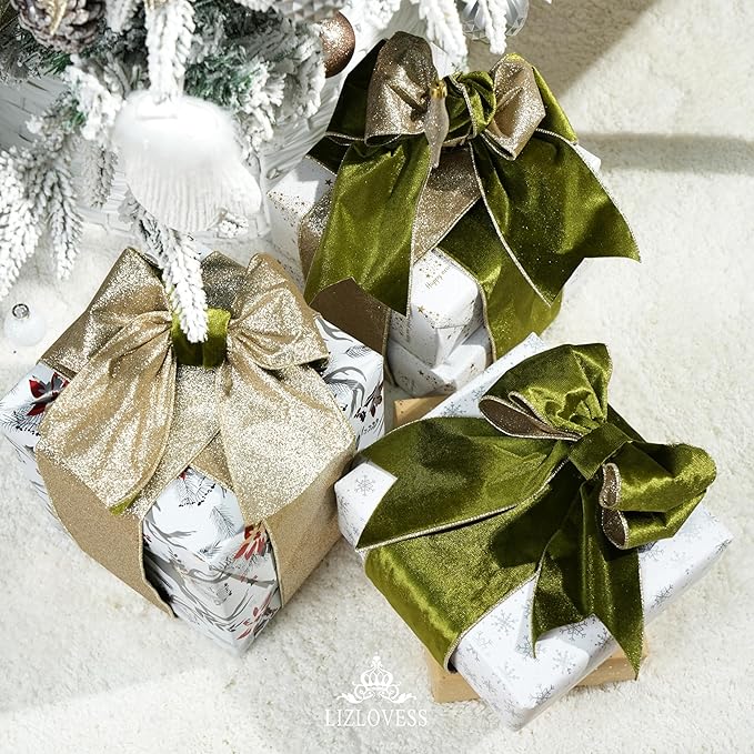 Moss Velvet Wired Ribbon with Glitter Back 4 Inch Green and Gold Christmas Ribbon Wired Olive Ribbon for Christmas Tree, Gift Wrapping, Crafts, Wreaths Supplies, Topper Bows (10 Yards)