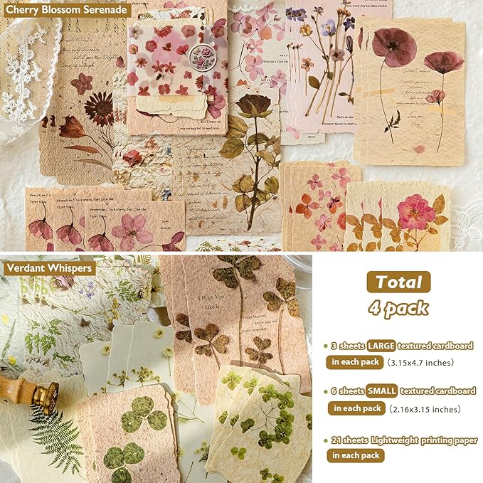120Pcs Floral Textured Scrapbook Paper - 4 pack Embossed Rice Decoupage Paper Craft Special Mixed for Scrapbooking Junk Journaling Supplies Planner Bullet Cards Making Collage Decorative DIY Materials