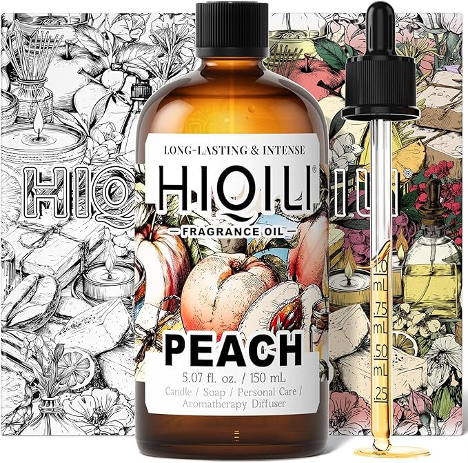 HIQILI Peach Fragrance Oil for Home Diffuser, DIY Candle, Linen & Room Freshener Spray Making, Juicy Fruit Scents - 5.07 Fl Oz