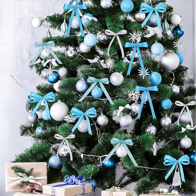 DECYOOL Winter Ribbons, 4 Rolls 100 Yards Christmas Satin Ribbons for Gift Wrapping, 10mm Wide Xmas Winter Holiday Craft Ribbon for DIY Crafts and Christmas Tree Wreaths Decoration (Blue, Silver)