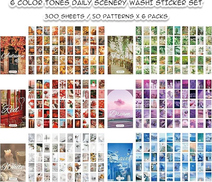 Washi Stickers, 6 Sets 300 Pcs Aesthetic Sticker Book for DIY Journaling, Journaling Supplies for Bullet Journal Art Diary Card Craft Gifts Planner Notebook.