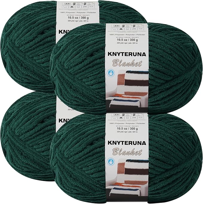 #6 Super Bulky Blanket Yarn for Crocheting - 4 Skeins(Each 10.5oz/300g, 220yds/201m), Chunky Chenille Thick Plush Big Soft Yarn for Crocheting Knitting Blankets, Forest Green