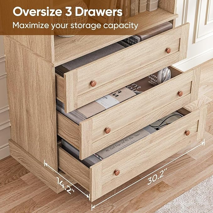 Vyre 71" Tall Farmhouse Bookshelves with Drawers, Large Modular Bookcase with Adjustable Shelves, Storage Cabinet for Living Room， Home Office, Kitchen, Brown