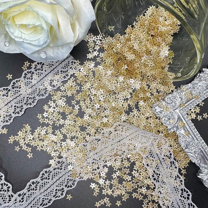 10 Grams 5mm/0.2" Glitter Gold Tiny Star Sew on Sequins Mini Hollow Star Sequins Embroidery Small Sequin with Holes DIY Loose Sequin for Sewing Dolls Jewelry Making Crafts