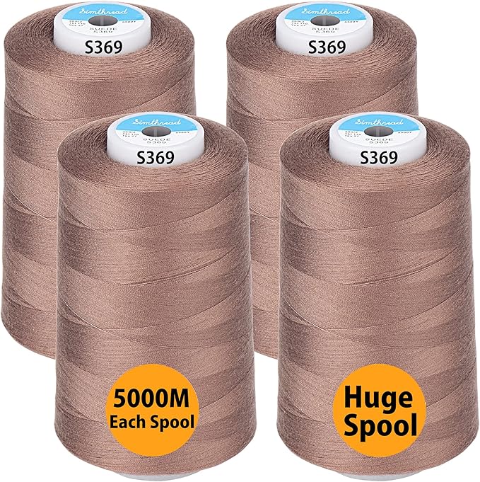 Simthread All Purpose Sewing Thread from 100% Spun Polyester for Serger, Overlock, Merrow, Quilting Sewing 4 Big Cones of 5000M (5500 Yards) Each - 40S/2 Suede