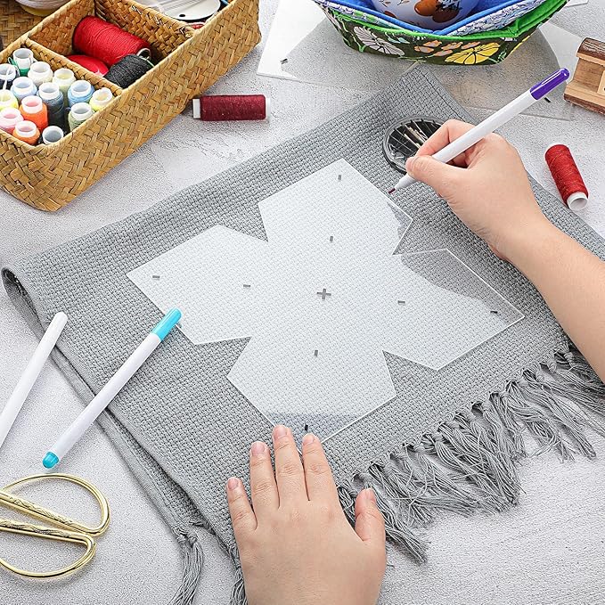 Flutesan 3 Pcs Bowl Cozy Pattern Template 8/10/12 Inch Clear Acrylic Bowl Wrap Sewing Pattern Template with 3 Pieces Water Soluble Pen Batting Quilting Cut on Fold Stencil(Point Edge)