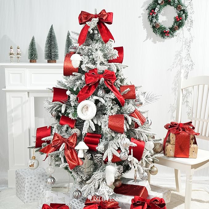 Red Velvet Wired Ribbon with Glitter Back 4 Inch Red Christmas Ribbon Wired Reversible Ribbon for Christmas Tree, Gift Wrapping, Mantel, Wreaths Supplies, Topper Bows (10 Yards)