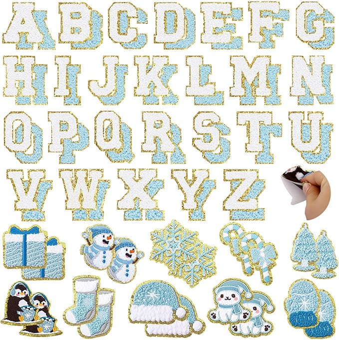 72 Pcs Winter Stickers Patches Snowflake Chenille Christmas Patches Self Adhesive Embroidered,Include 52 A-Z Letters Patch,20 Snowman Gloves Penguin Stick on Patch for Trucker Hats Backpacks Bags