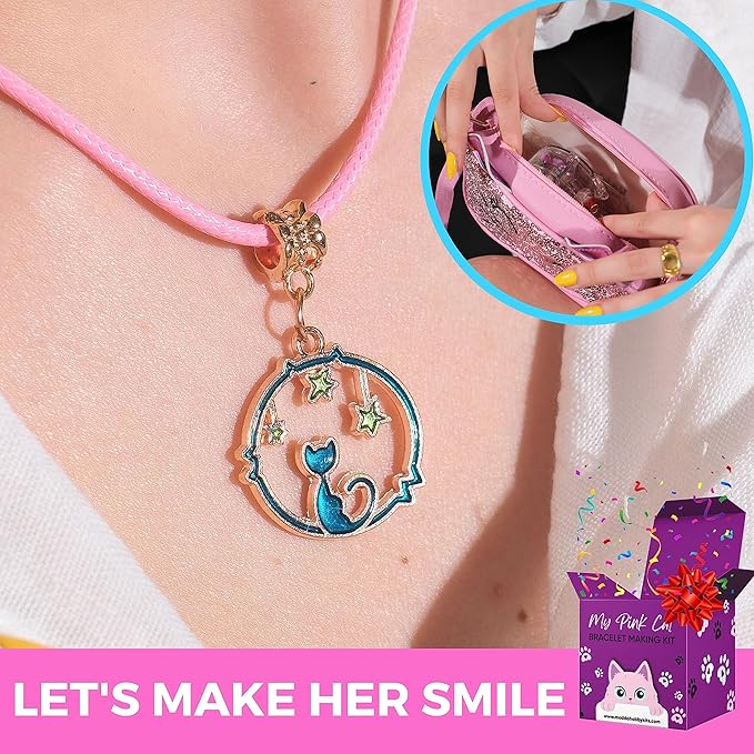 MODDA Charm Bracelet Making Kit - DIY Beaded Jewelry Making Kit, Gifts for Girls Ages 5-12, with Cute Cat Design Shoulder Bag