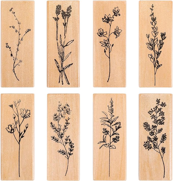 Rancco Rubber Stamps for Crafting, 8 Pcs Mounted Wood Stamps Vintage Plant Flower Decorative Ink Stamp Set for Art DIY Craft, Journal, Letters, Scrapbooking, Card Making, Valentine, 2.6x1x0.79inch