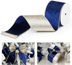Blue Velvet Wired Ribbon with Glitter Back 4 Inch Navy Blue and Gold Christmas Ribbon Wired Ribbon for Christmas Tree, Gift Wrapping, Mantel, Wreaths Supplies, Topper Bows (10 Yards)