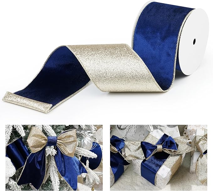 Blue Velvet Wired Ribbon with Glitter Back 4 Inch Navy Blue and Gold Christmas Ribbon Wired Ribbon for Christmas Tree, Gift Wrapping, Mantel, Wreaths Supplies, Topper Bows (10 Yards)