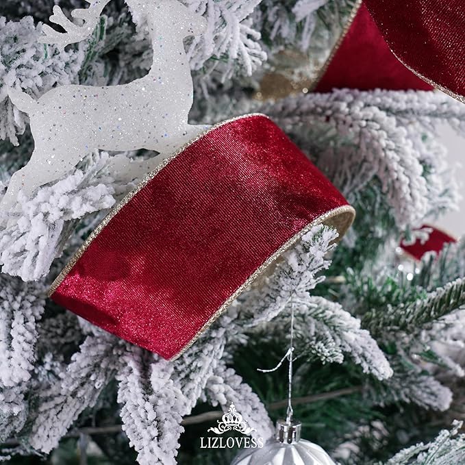 Burgundy Velvet Wired Ribbon with Glitter Back 2.5 Inch Burgundy and Gold Christmas Ribbon Wired Ribbon for Christmas Tree, Gift Wrapping, Mantel, Wreaths Supplies, Topper Bows (10 Yards)